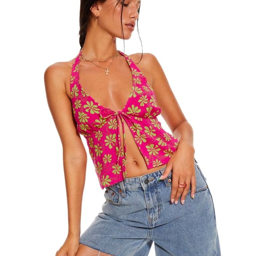 NWT Motel Rocks Hot Pink Floral 90s Top Large.
